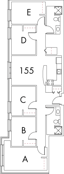 Village at 115 layout plan for building 4, apartment 155, with rooms A, B, C and D