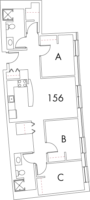 Village at 115 layout plan for building 4, apartment 156, with rooms A, B, and C