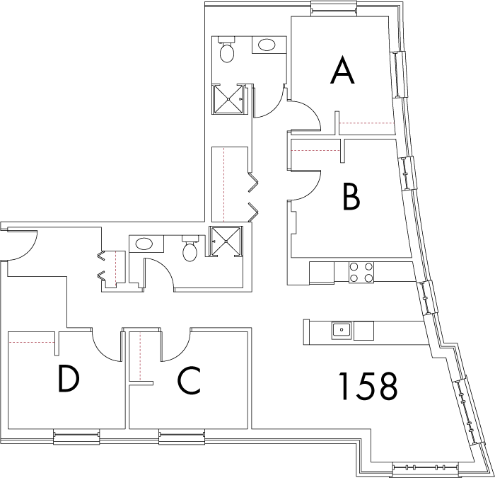Village at 115 layout plan for building 4, apartment 158, with rooms A, B, C and D in right angle arrangement