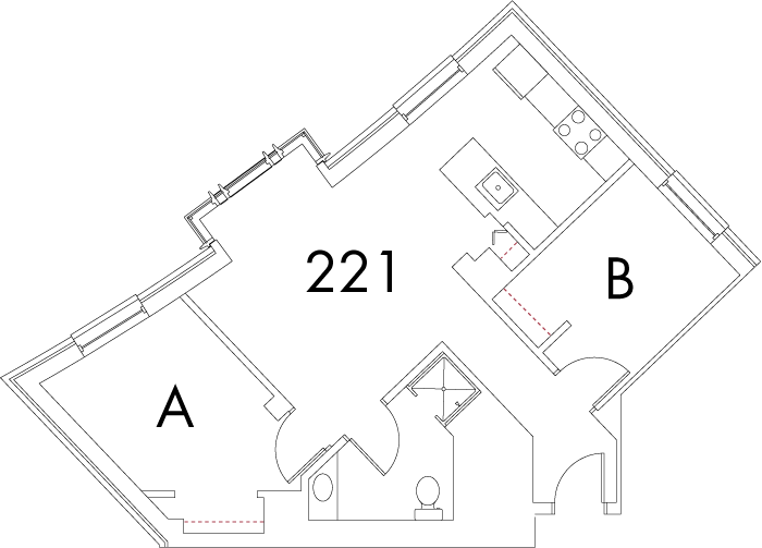 Village at 115 layout plan for building 1, apartment 211, with rooms A and B