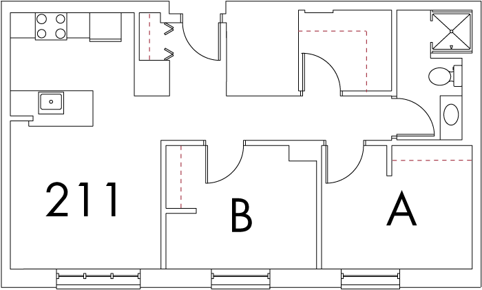 Village at 115 layout plan for building 6, apartment 211, with rooms A and B