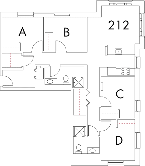 Village at 115 layout plan for building 5, apartment 212, with rooms A, B, C and D, in right angle arrangement