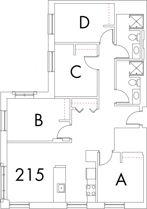 Village at 115 layout plan for building 6, apartment 215, with rooms A, B, C and D