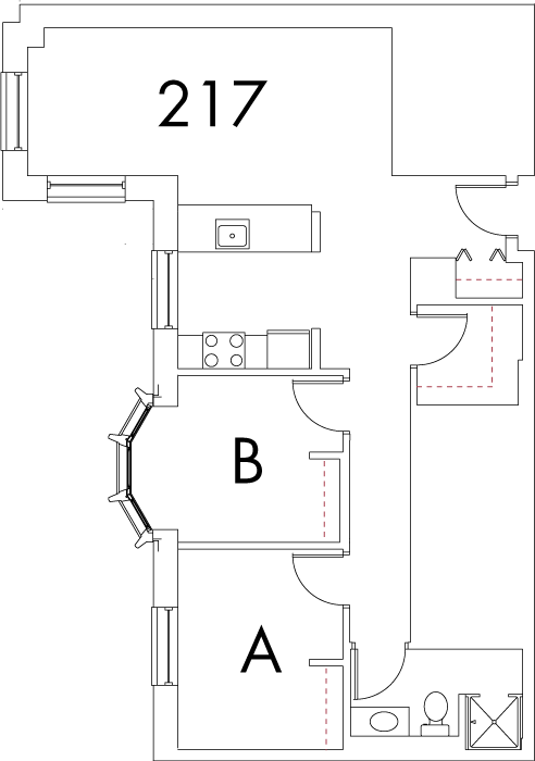 Village at 115 layout plan for building 6, apartment 217, with rooms A and B