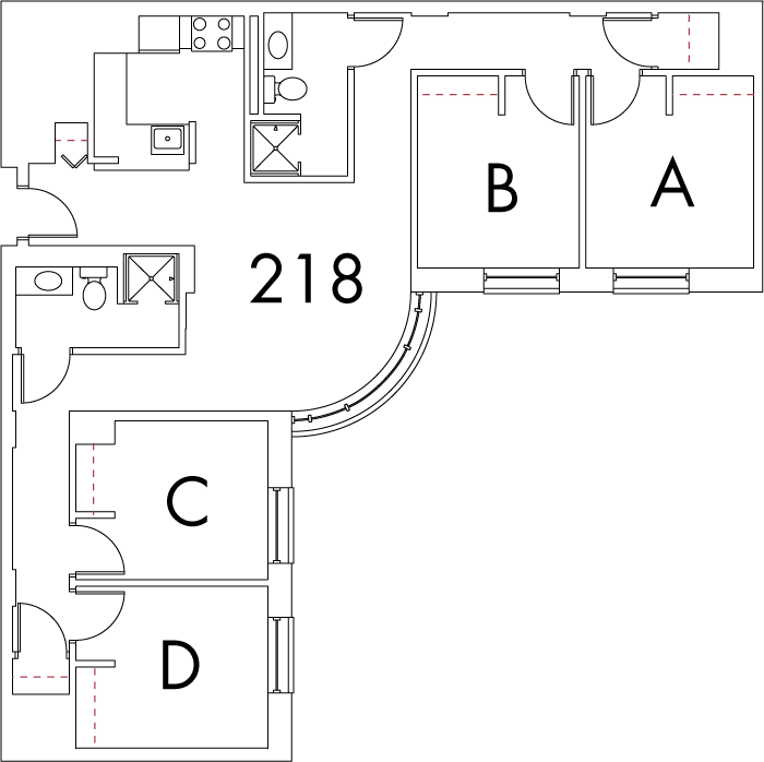Village at 115 layout plan for building 5, apartment 218, with rooms A, B, C and D, in right angle arrangement