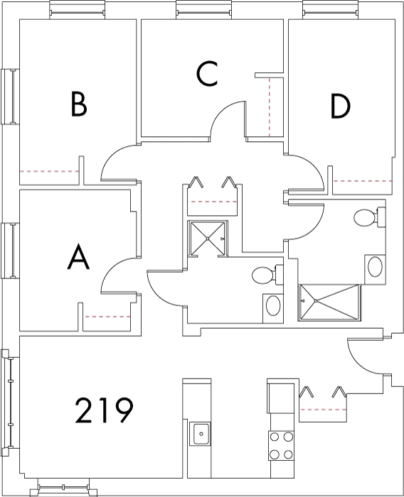 Village at 115 layout plan for building 5, apartment 219, with rooms A, B, C and D, in square arrangement