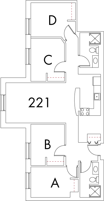 Village at 115 layout plan for building 7, apartment 221, with rooms A, B, C and D