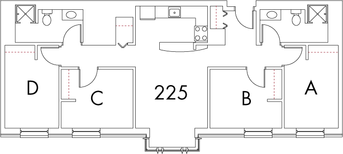 Village at 115 layout plan for building 2, apartment 225, with rooms A, B, C and D
