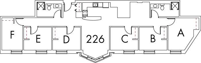 Village at 115 layout plan for building 7, apartment 226, with rooms A, B, C, D, E and F