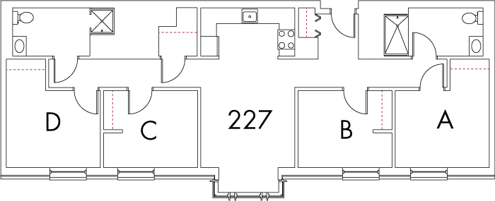 Village at 115 layout plan for building 2, apartment 227, with rooms A, B, C and D