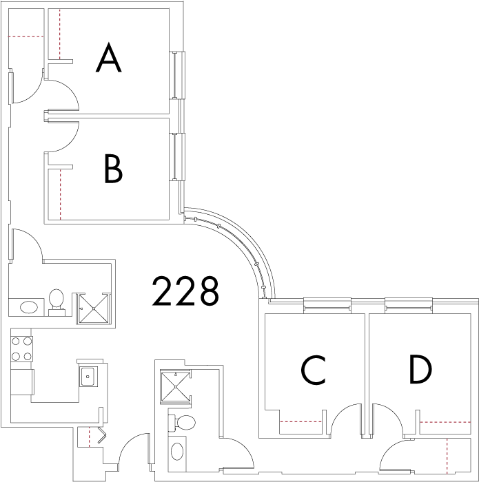 Village at 115 layout plan for building 2, apartment 228, with rooms A, B, C and D in L shape