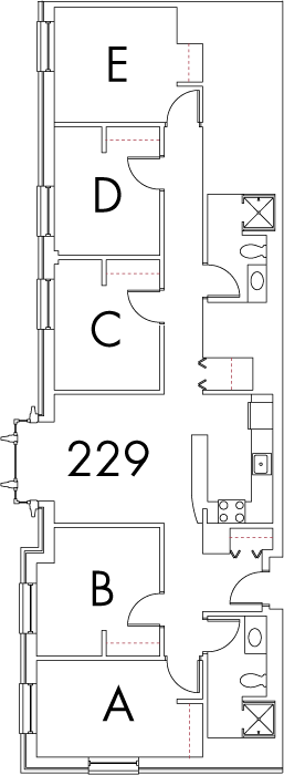 Village at 115 layout plan for building 2, apartment 229, with rooms A, B, C, D and E