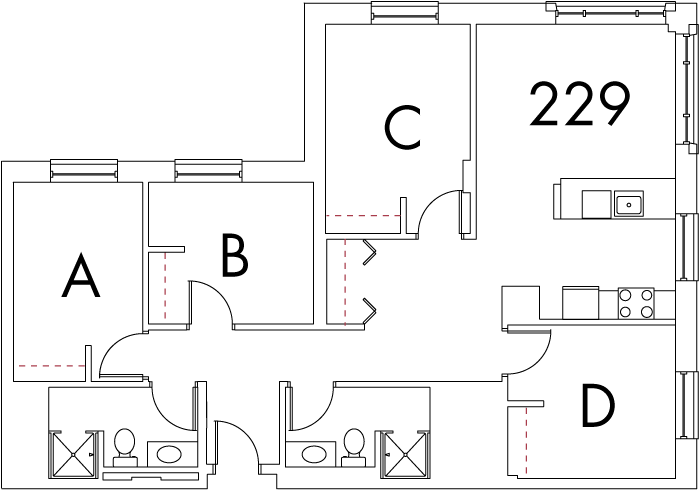 Village at 115 layout plan for building 7, apartment 229, with rooms A, B, C and D