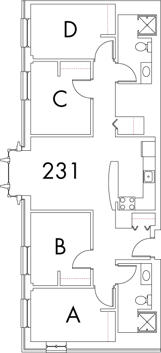 Village at 115 layout plan for building 3, apartment 231, with rooms A, B, C and D