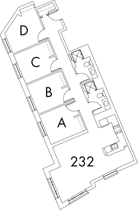 Village at 115 layout plan for building 7, apartment 232, with rooms A, B, C and D