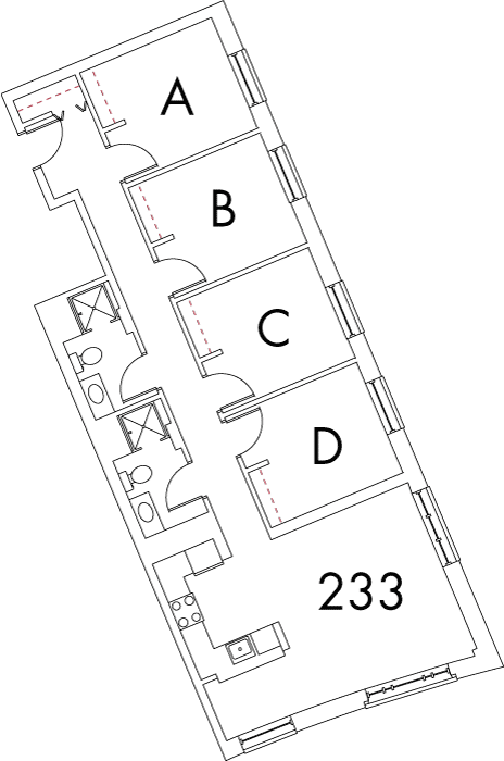 Village at 115 layout plan for building 7, apartment 233, with rooms A, B, C and D