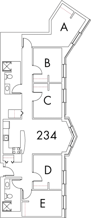 Village at 115 layout plan for building 3, apartment 234, with rooms A, B, C, D and E, with A diagonally aligned