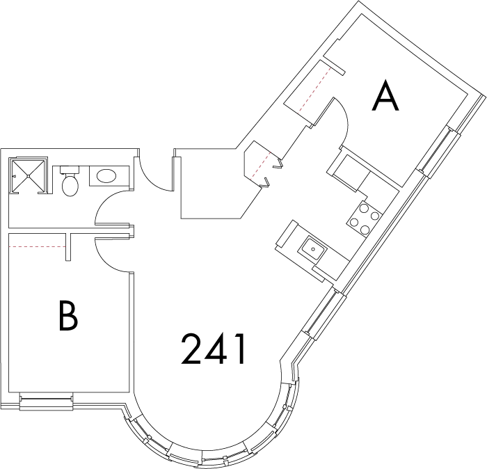 Village at 115 layout plan for building 3, apartment 241, with rooms A and B, with A diagonally aligned