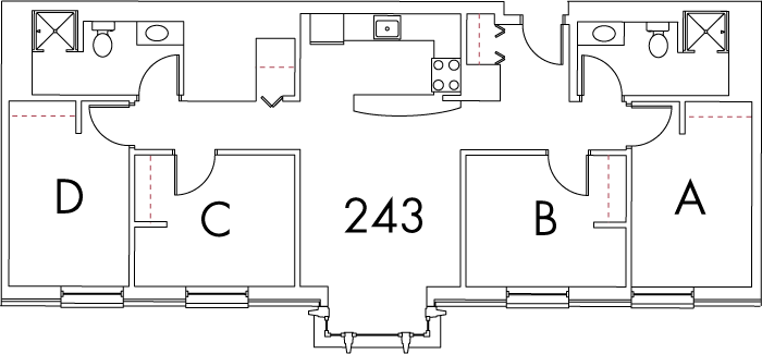 Village at 115 layout plan for building 3, apartment 243, with rooms A, B, C and D