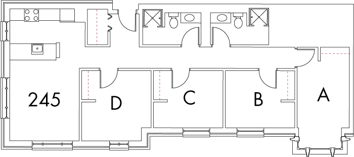Village at 115 layout plan for building 3, apartment 245, with rooms A, B, C and D