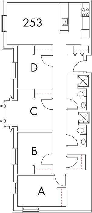 Village at 115 layout plan for building 4, apartment 253, with rooms A, B, C and D