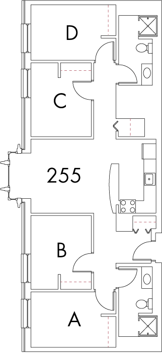 Village at 115 layout plan for building 4, apartment 255, with rooms A, B, C and D