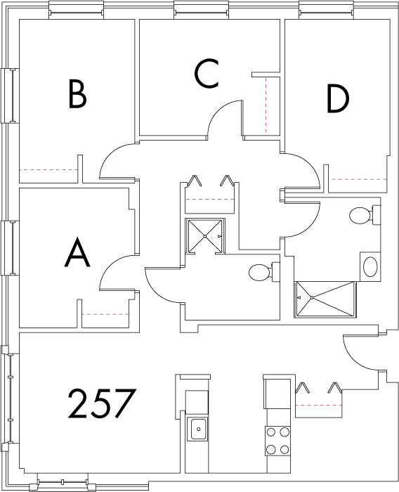 Village at 115 layout plan for building 4, apartment 257, with rooms A, B, C and D, in square arrangement