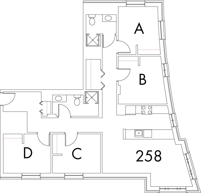 Village at 115 layout plan for building 4, apartment 258, with rooms A, B, C and D, in corner arrangement