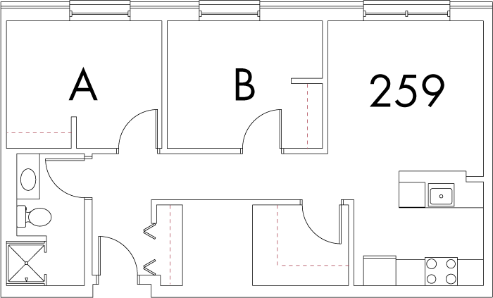 Village at 115 layout plan for building 4, apartment 259, with rooms A and B