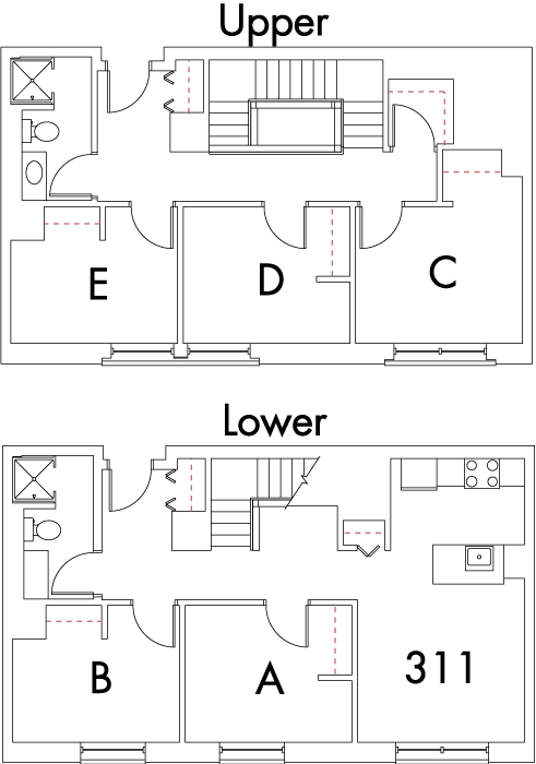 Village at 115 layout plan for building 5, apartment 311, with two floors, with rooms A and B on Lower, and C, D and E on Upper