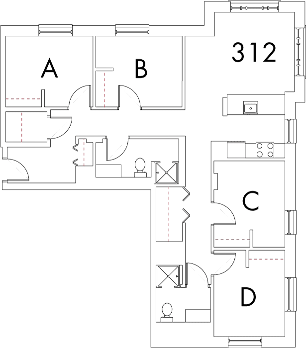 Village at 115 layout plan for building 5, apartment 312, with rooms A, B, C and D, in right angle arrangement
