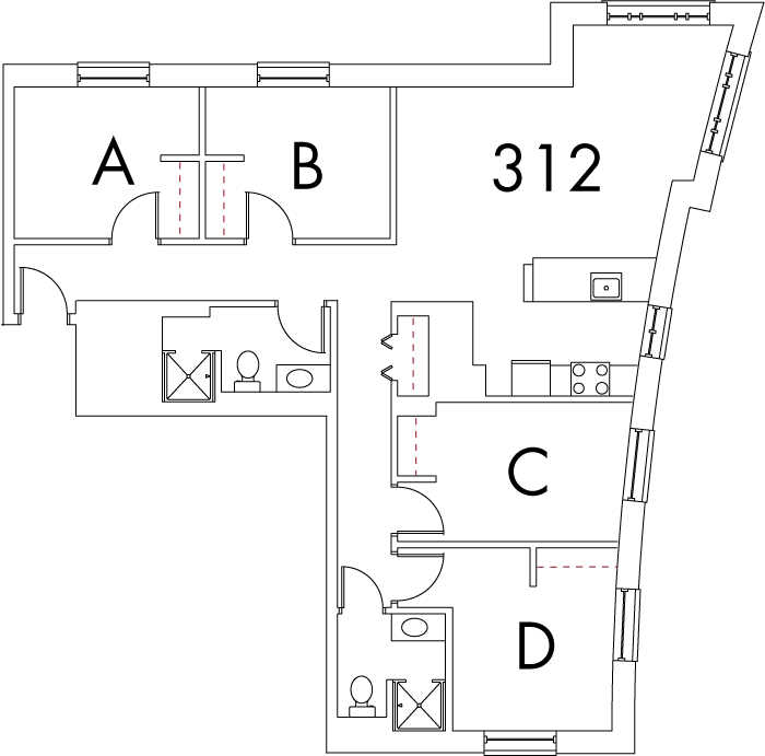 Village at 115 layout plan for building 6, apartment 312, with rooms A, B, C and D, in corner arrangement