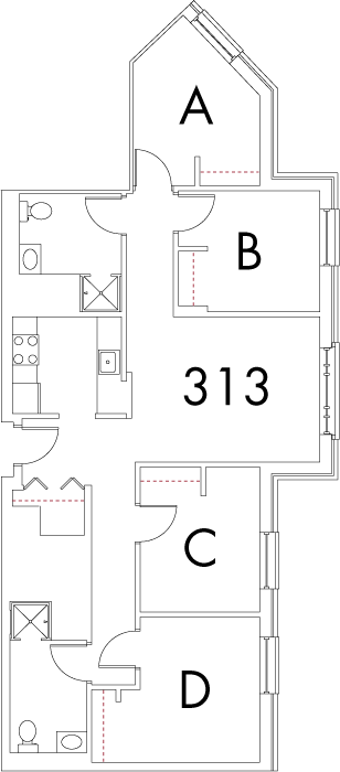 Village at 115 layout plan for building 1, apartment 313, with rooms A, B, C and D