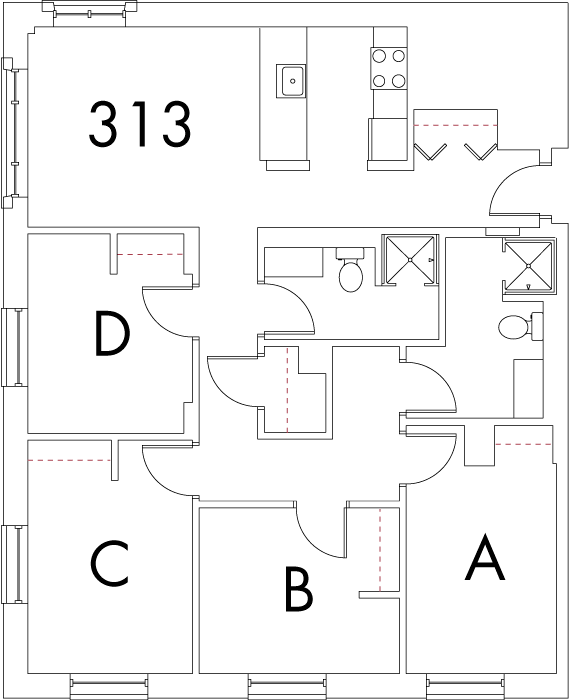 Village at 115 layout plan for building 5, apartment 313, with rooms A, B, C and D, in square arrangement