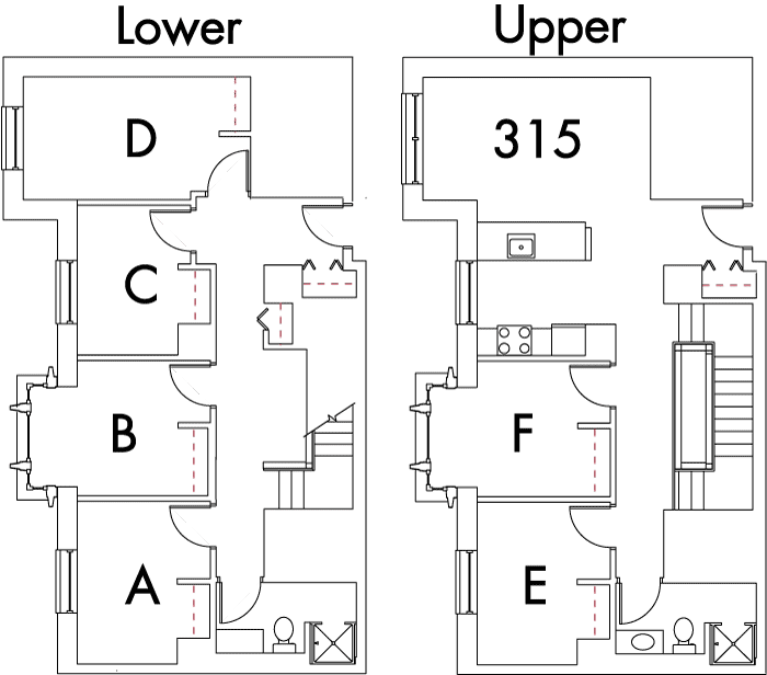 Village at 115 layout plan for building 5, apartment 315, with two floors, with rooms A B, C and D on Lower, and E and F on Upper