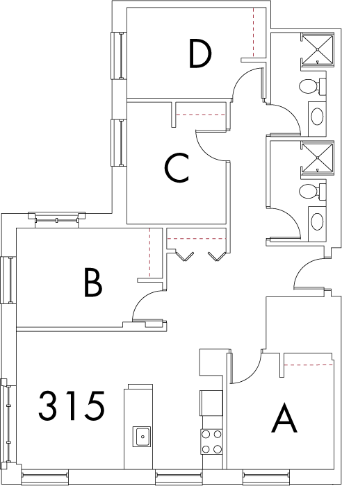 Village at 115 layout plan for building 6, apartment 315, with rooms A, B, C and D