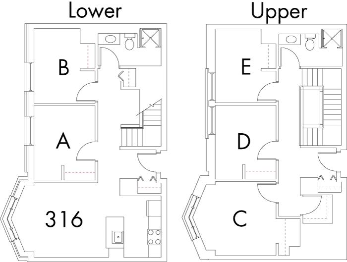 Village at 115 layout plan for building 1, apartment 316, with two floors, with rooms A and B on Lower, and C, D and E on Upper