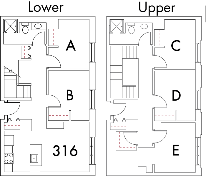 Village at 115 layout plan for building 6, apartment 316, with two floors, with rooms A and B on Lower, and C, D and E on Upper