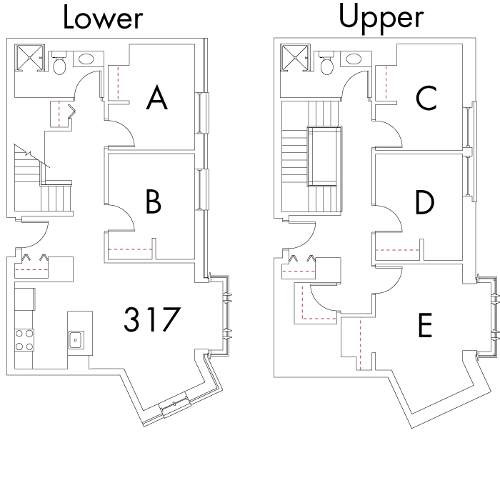 Village at 115 layout plan for building 1, apartment 317, with two floors, with rooms A and B on Lower, and C, D and E on Upper