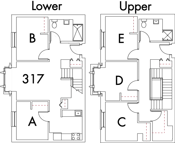 Village at 115 layout plan for building 5, apartment 317, with two floors, with rooms A and B on Lower, and C, D and E on Upper
