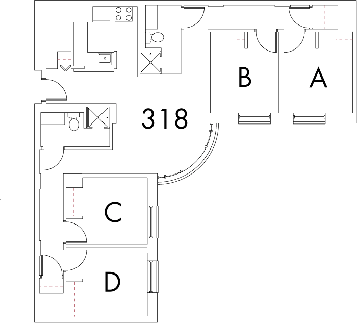 Village at 115 layout plan for building 5, apartment 318, with rooms A, B, C and D, in right angle arrangement