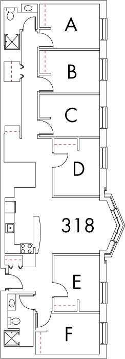 Village at 115 layout plan for building 6, apartment 318, with rooms A, B, C, D, E and F