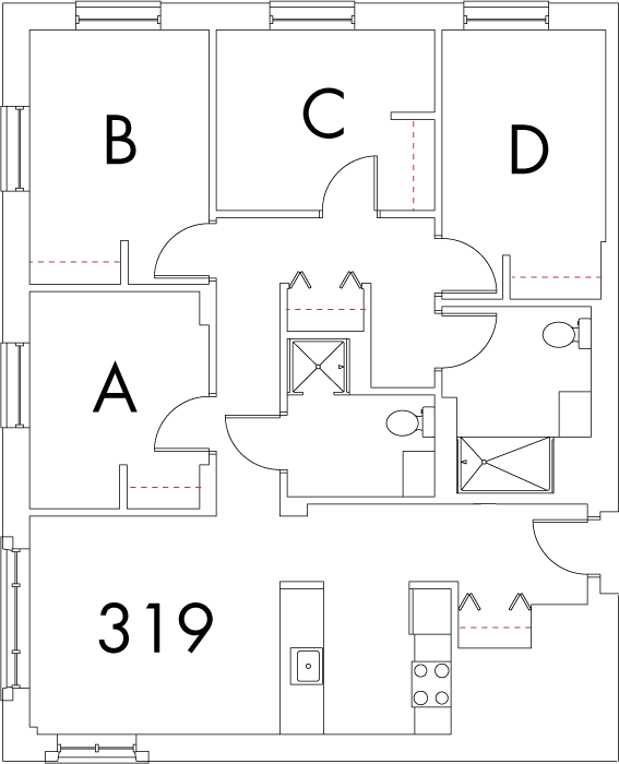 Village at 115 layout plan for building 5, apartment 319, with rooms A, B, C and D, in square arrangement