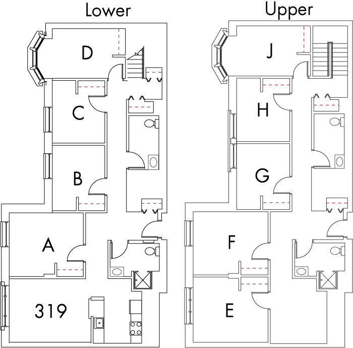 Village at 115 layout plan for building 6, apartment 319, with two floors, with rooms A, B, C and D on Lower, and E, F, G, H and J on Upper