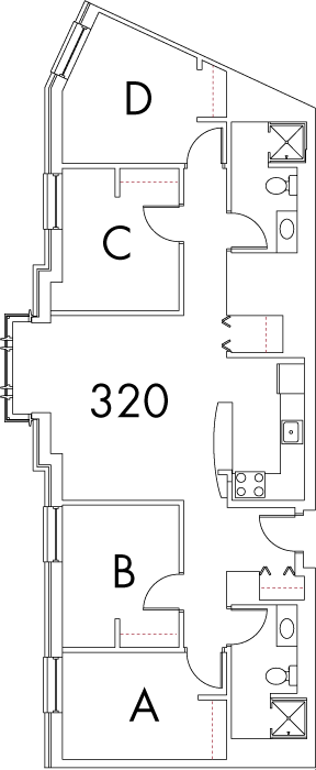 Village at 115 layout plan for building 2, apartment 320, with rooms A, B, C and D