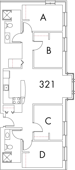 Village at 115 layout plan for building 2, apartment 321, with rooms A, B, C and D