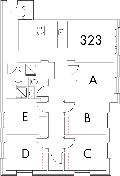 Village at 115 layout plan for building 2, apartment 323, with rooms A, B, C, D and E