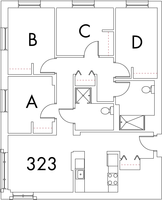 Village at 115 layout plan for building 7, apartment 323, with rooms A, B, C and D
