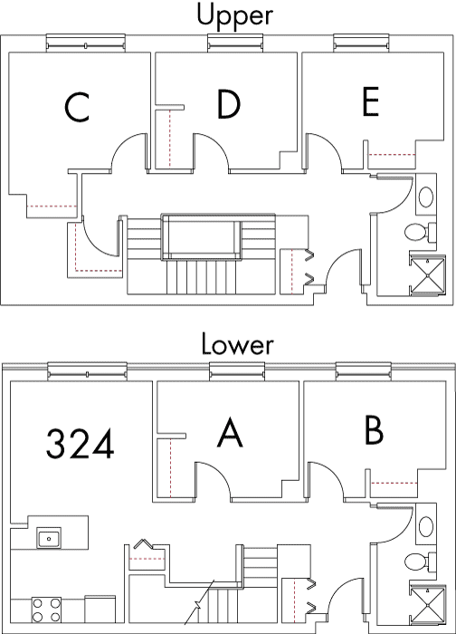 Village at 115 layout plan for building 2, apartment 324, with two floors, with rooms A and B on Lower, and C, D and E on Upper