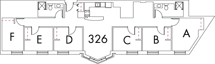 Village at 115 layout plan for building 7, apartment 326, with rooms A, B, C, D, E and F